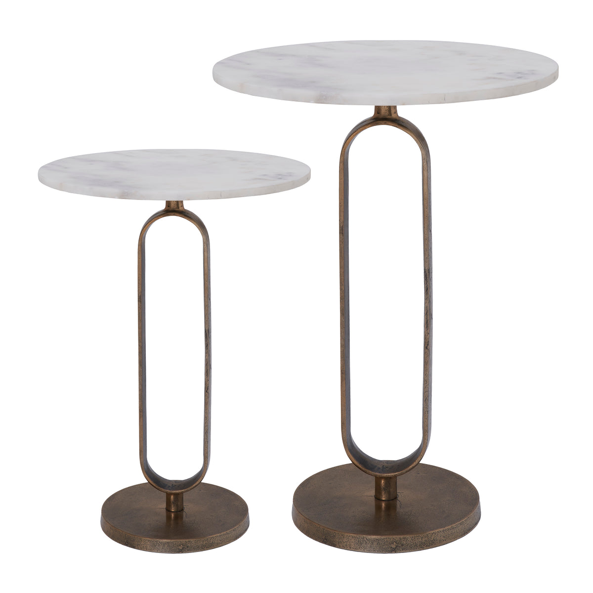 Irene Side Table with two round marble tops and bronze metal bases, showcasing modern design.