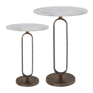 Irene Side Table with two round marble tops and bronze metal bases, showcasing modern design.