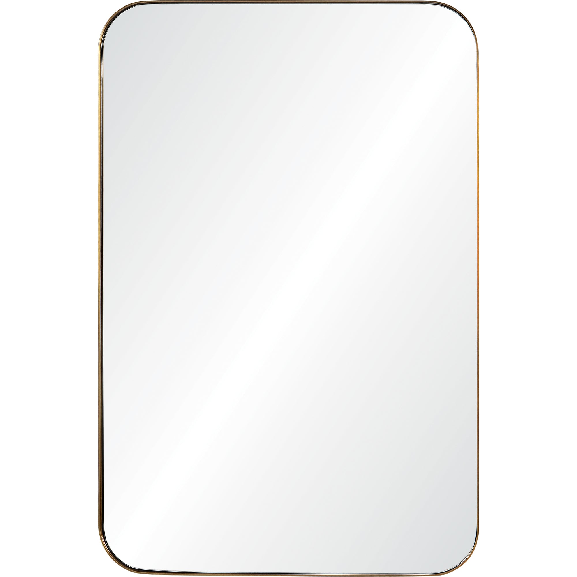 Edwin Wall Mirror with rounded corners and a sleek gold frame, reflecting light.