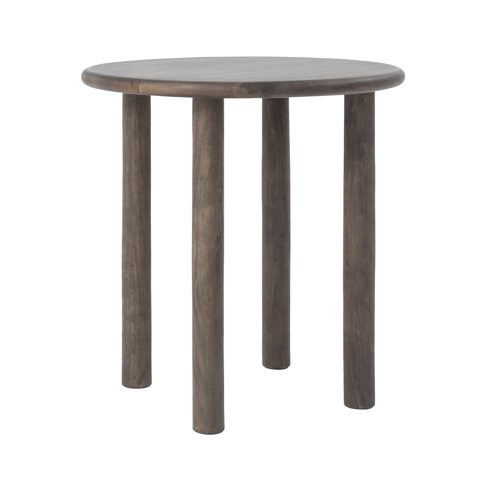 Cetus accent table with a round top and four cylindrical legs in a dark wood finish.