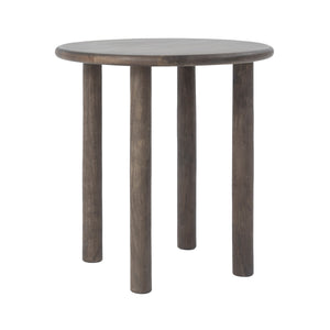 Cetus accent table with a round top and four cylindrical legs in a dark wood finish.
