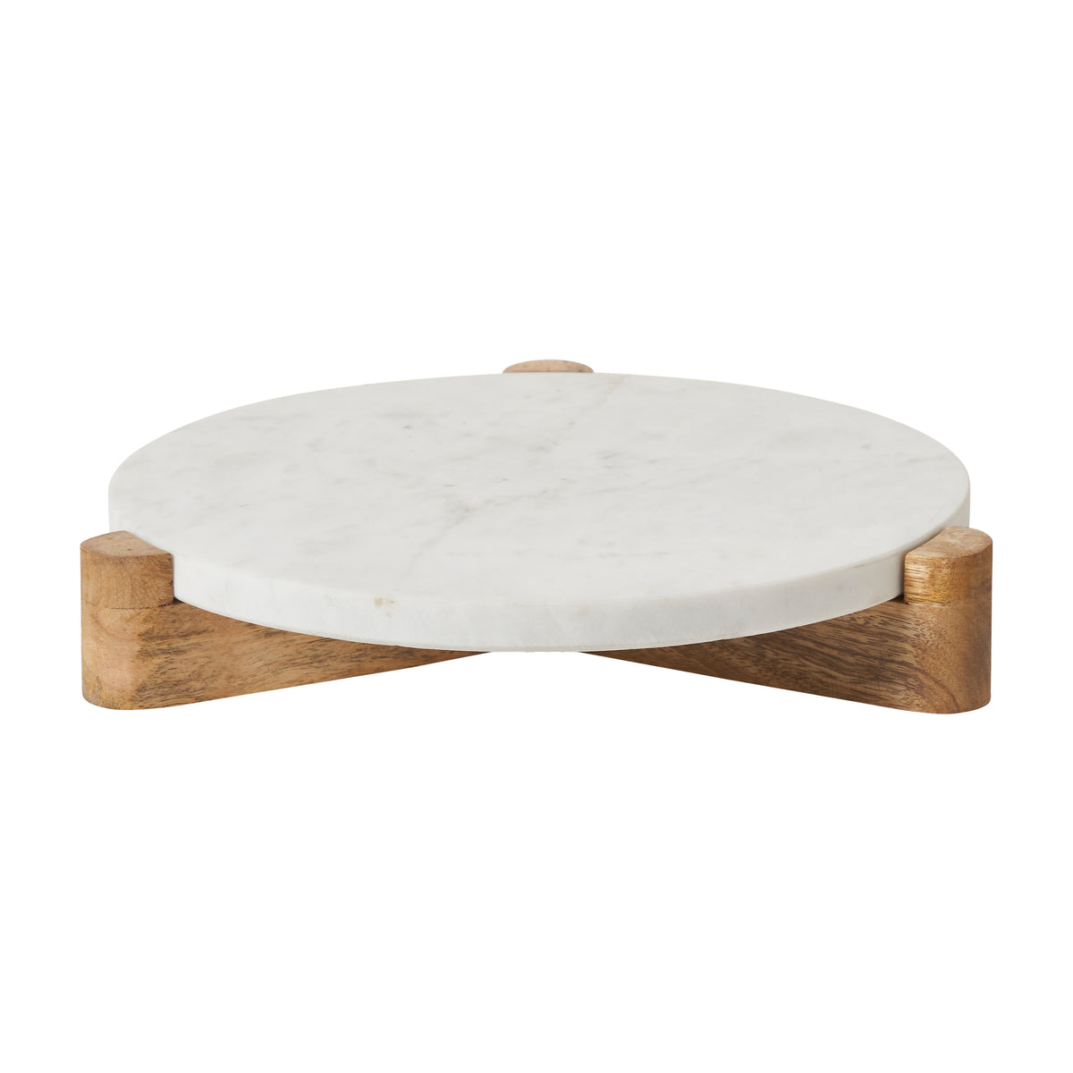 Lance marble serving tray with wooden legs, round shape, white marble top, natural wood base.