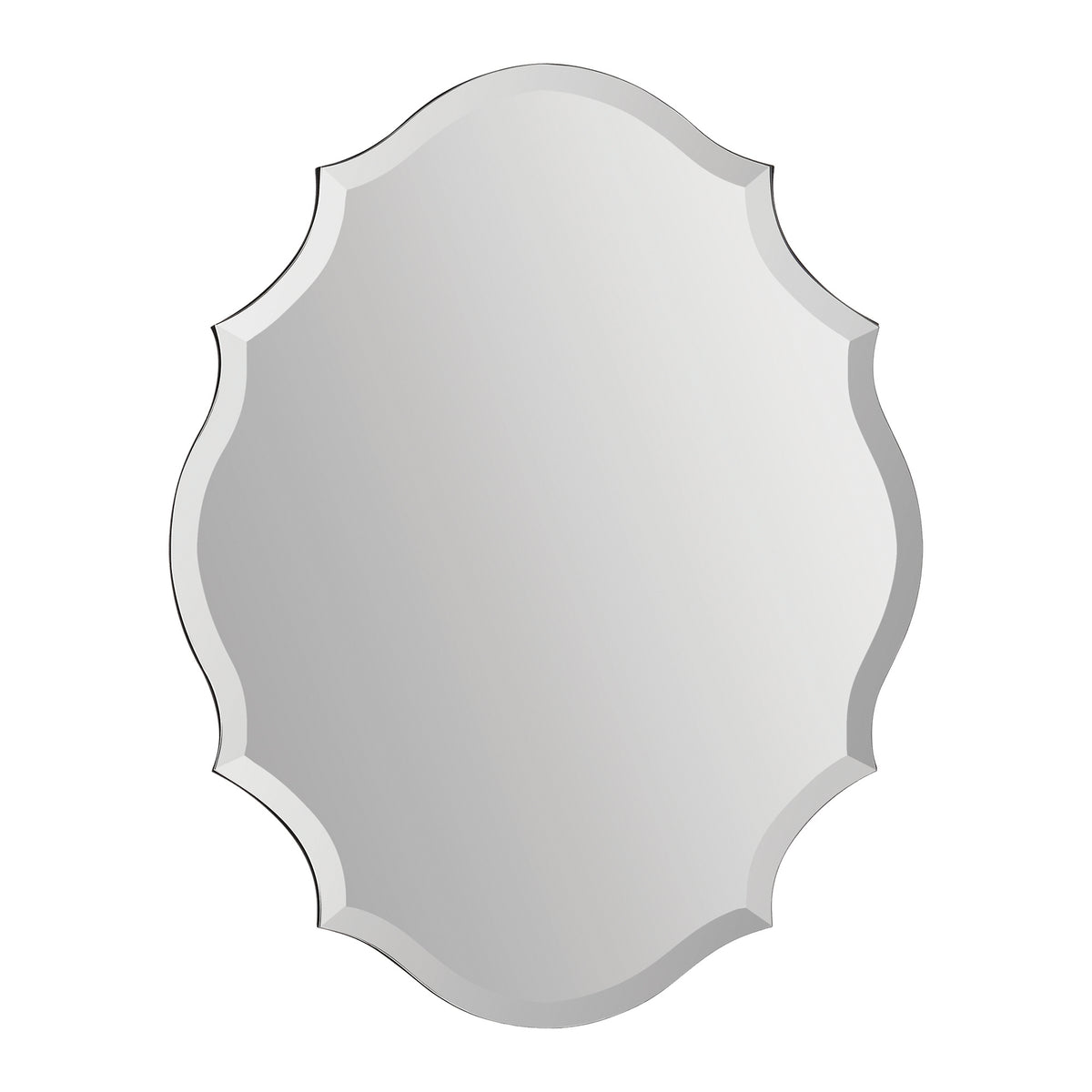 Emma mirror by Renwil, oval shape with scalloped edges, reflective surface, silver trim.