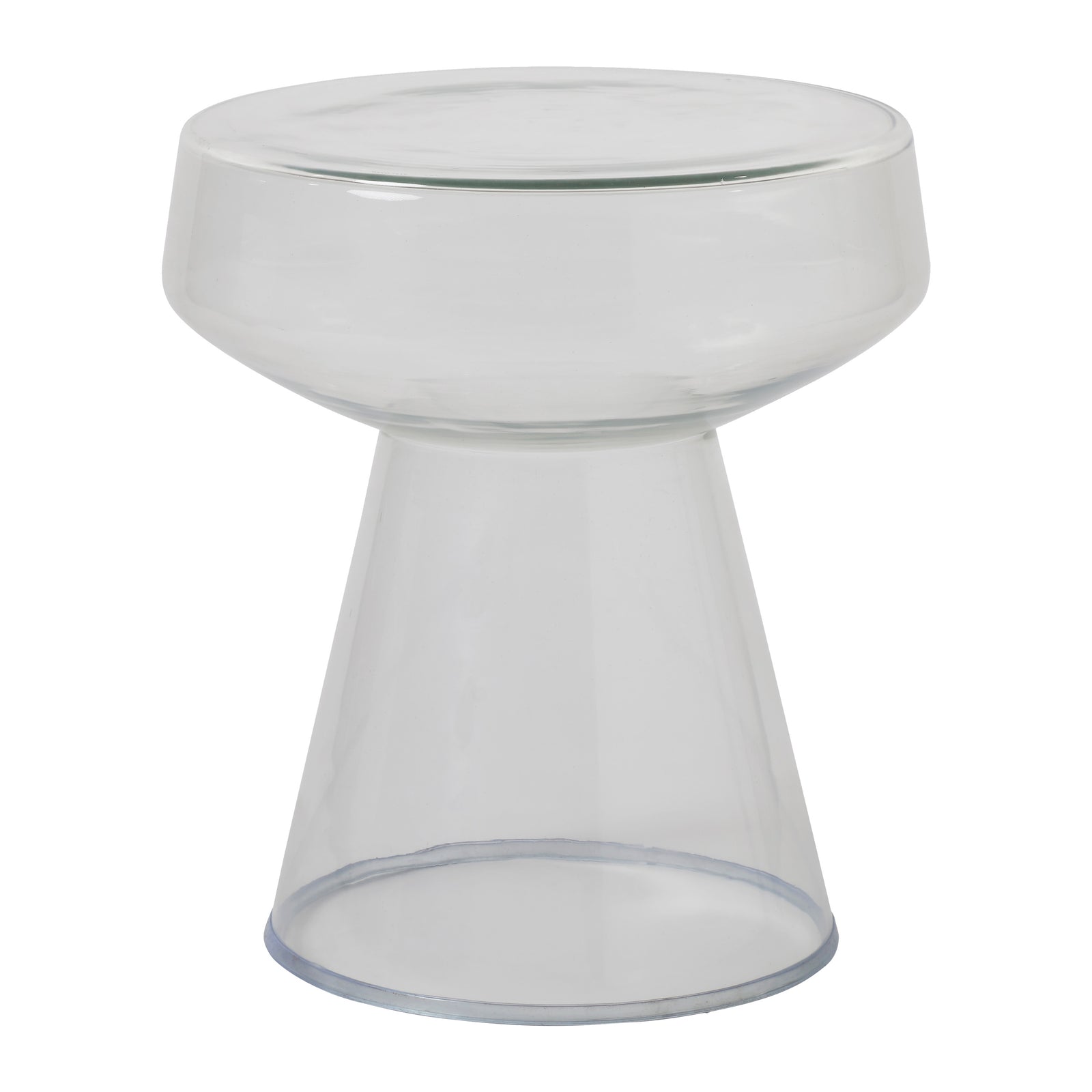 Lavanda table with a clear glass top and conical base, showcasing a modern design.