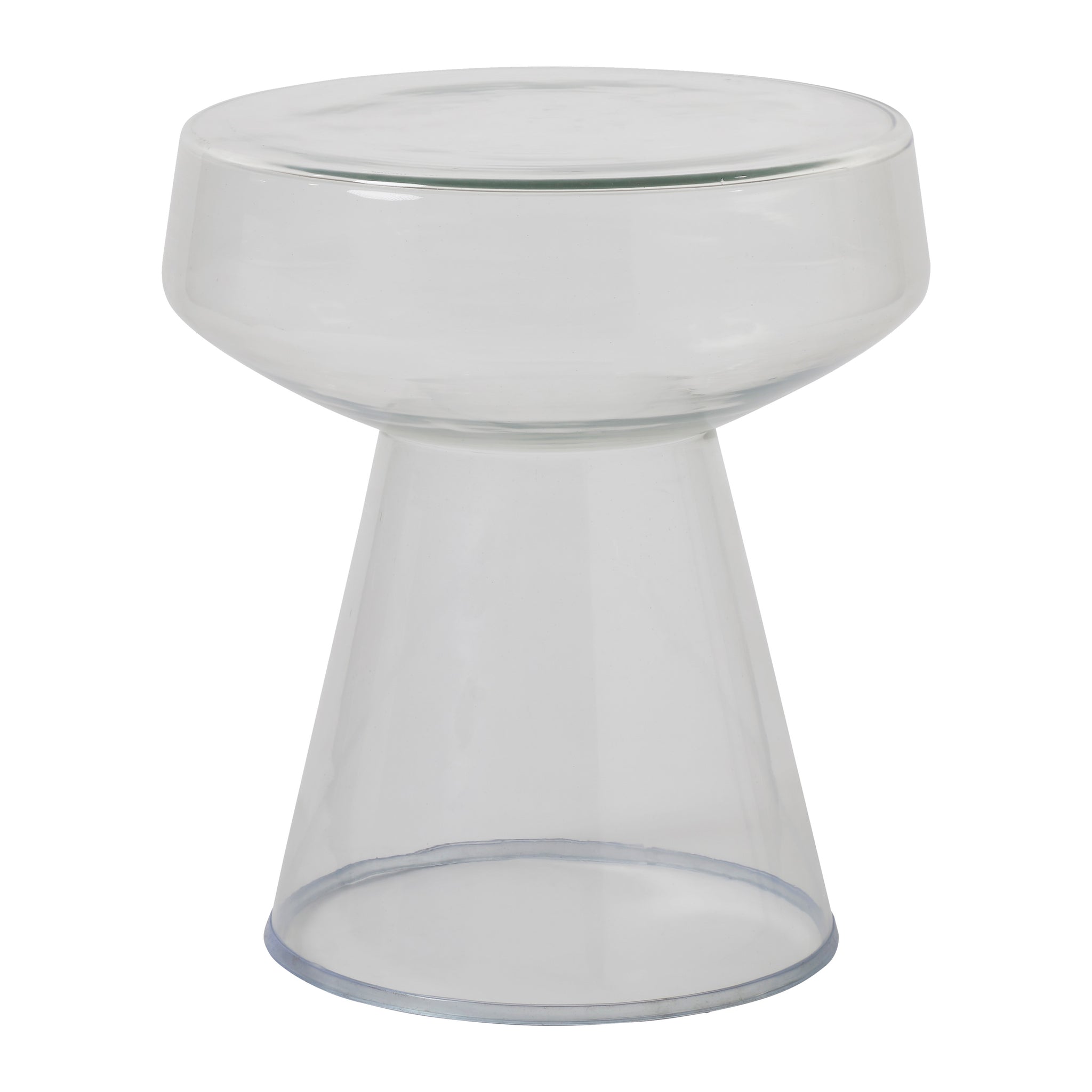 Lavanda table with a clear glass top and conical base, showcasing a modern design.