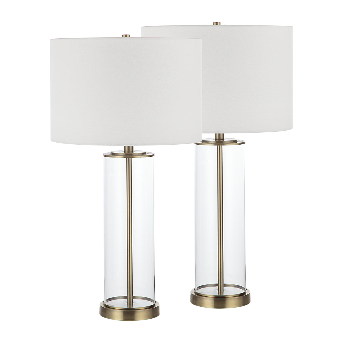 Saco Table Lamp set of two with white drum shades and clear glass bases