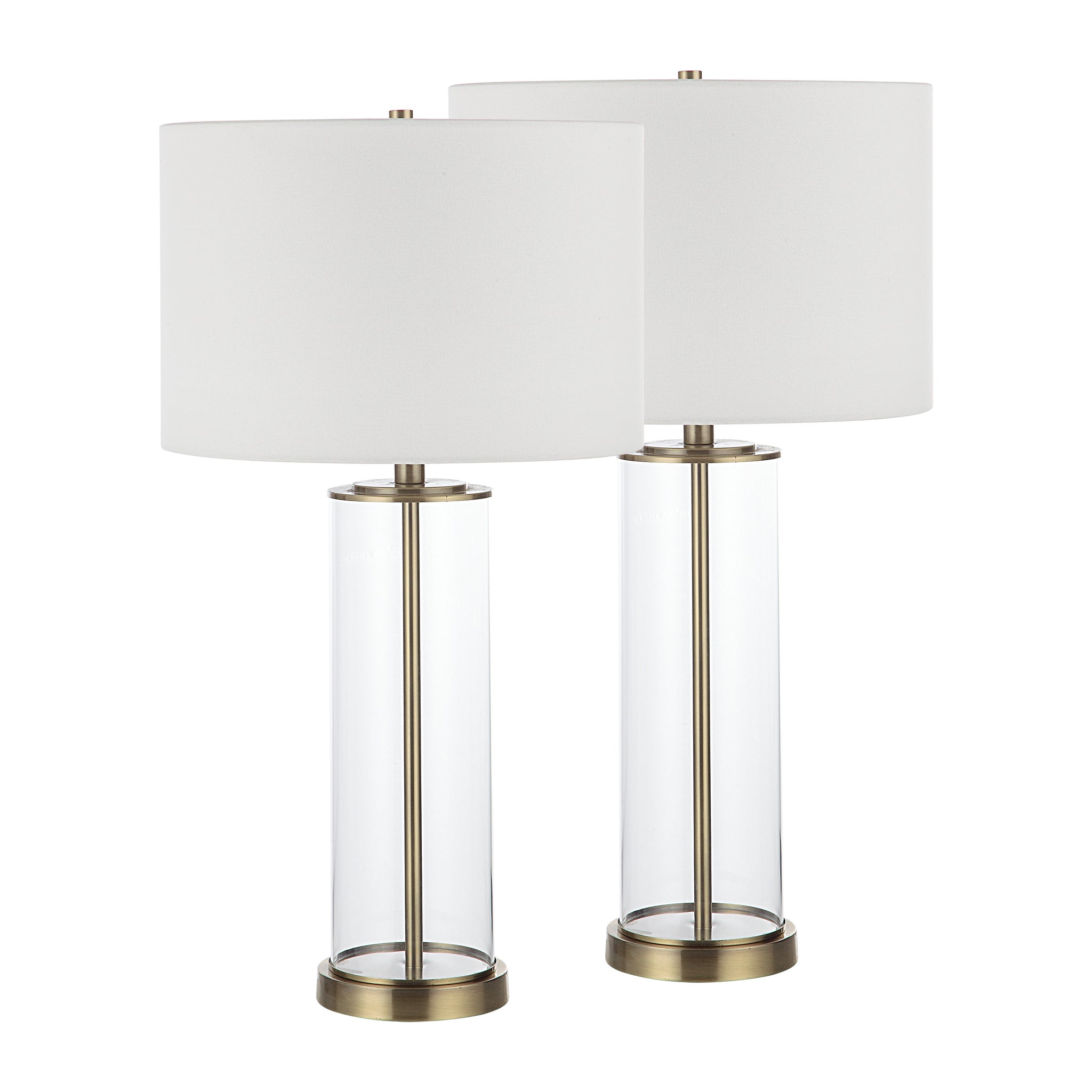 Saco Table Lamp set of two with white drum shades and clear glass bases