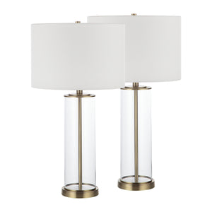 Saco Table Lamp set of two with white drum shades and clear glass bases