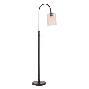 Danae floor lamp with a curved black metal stand and a clear ribbed glass shade, showcasing a warm light.