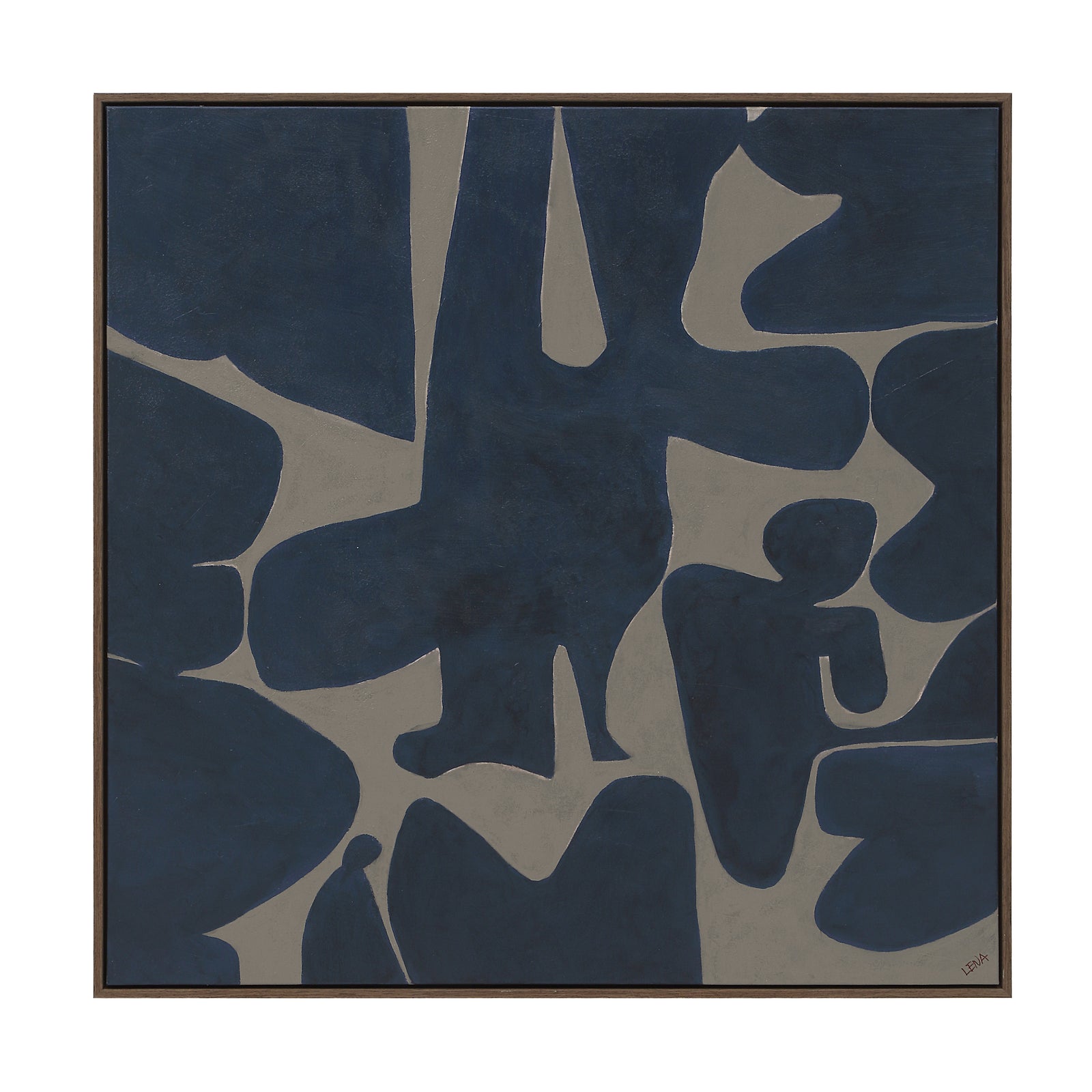 Valerio canvas art featuring abstract shapes in navy blue and beige tones.
