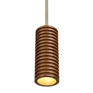 Rue pendant light by Renwil, illuminated wooden design with ridged texture and brass accents