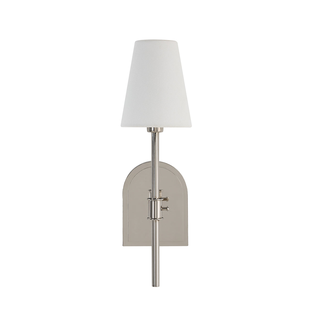 Nowra wall sconce with a white fabric shade and a sleek silver base.