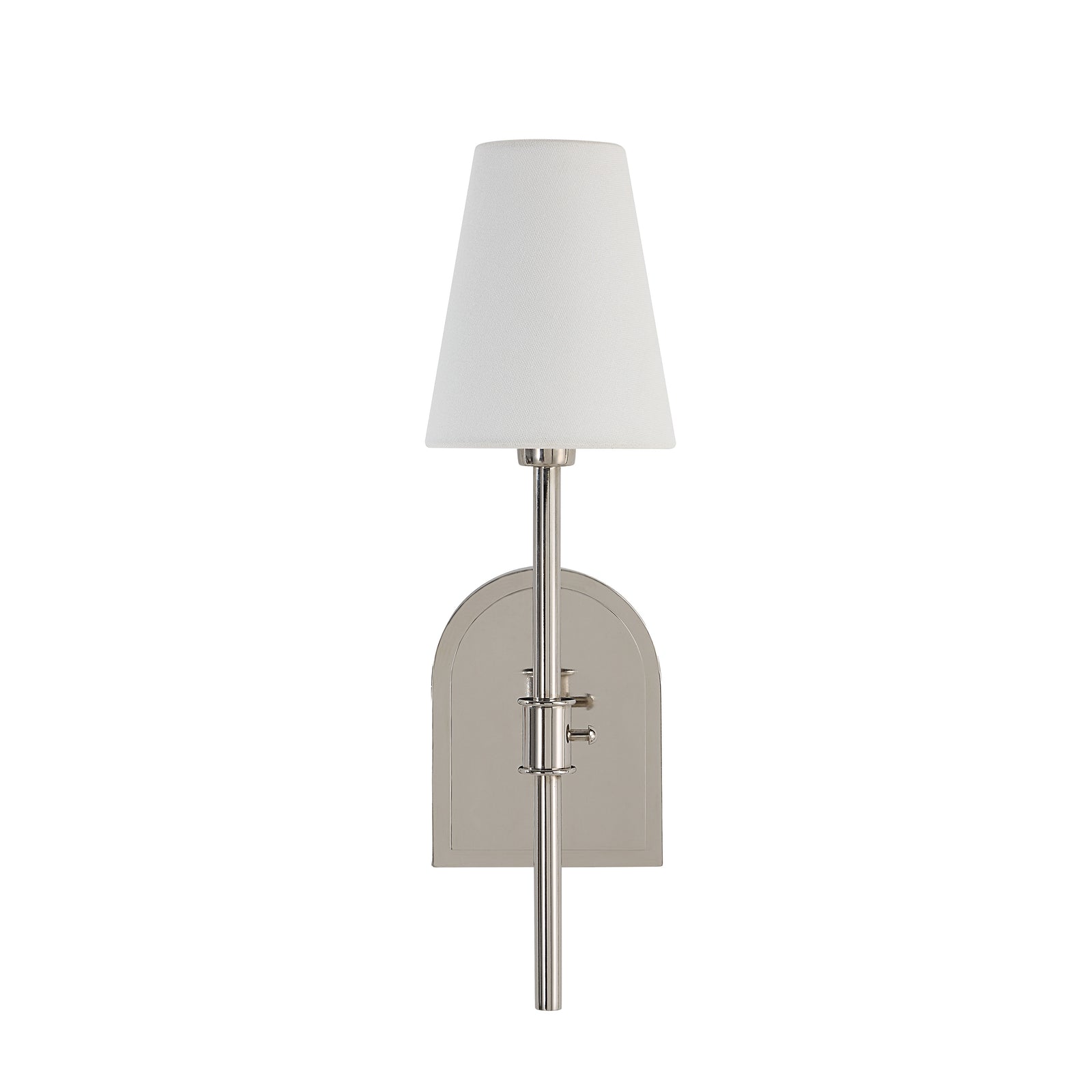 Nowra wall sconce with a white fabric shade and a sleek silver base.