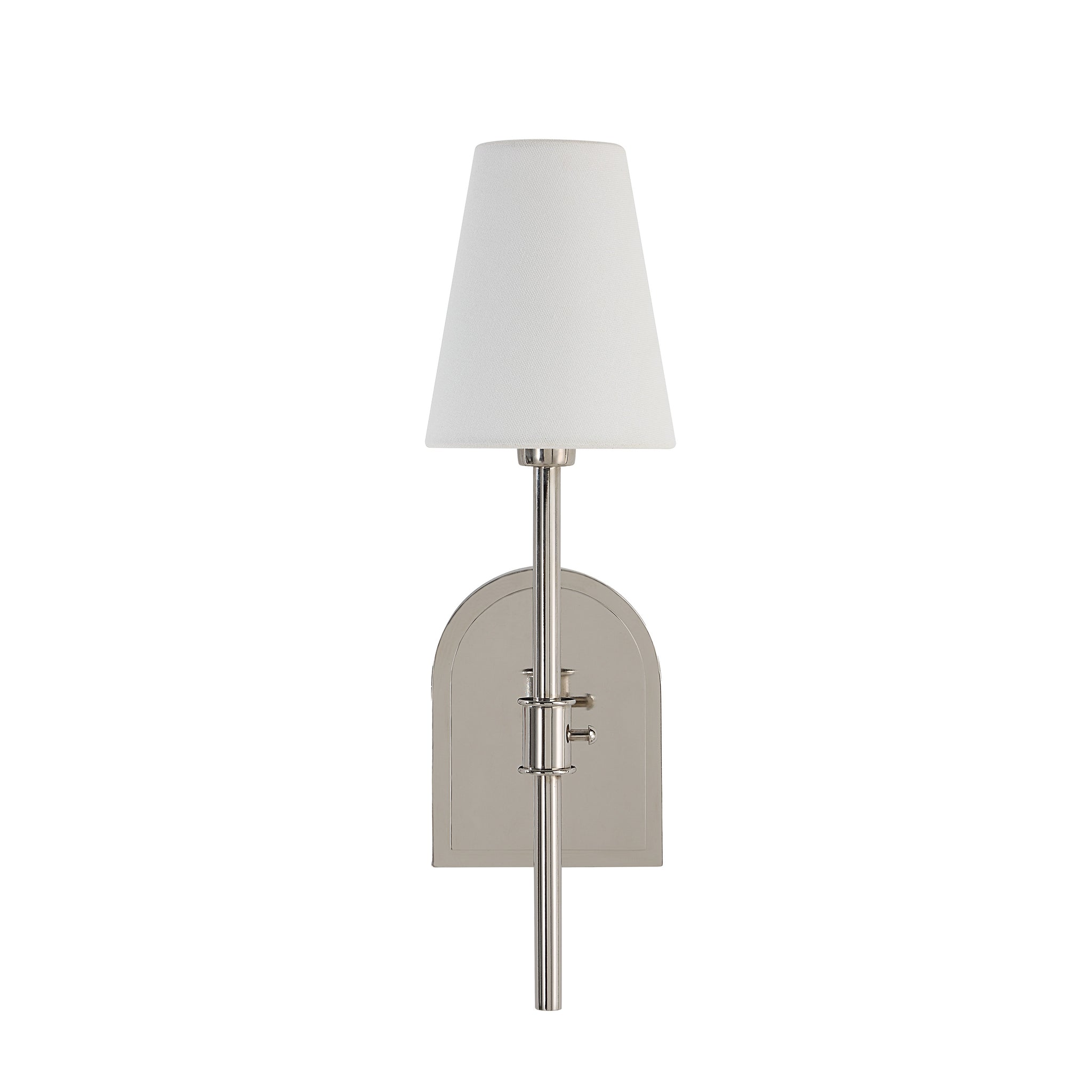 Nowra wall sconce with a white fabric shade and a sleek silver base.