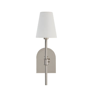 Nowra wall sconce with a white fabric shade and a sleek silver base.
