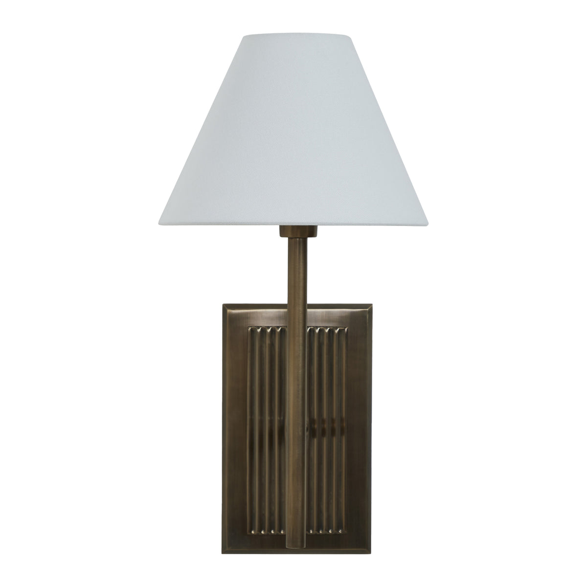 Solaria wall sconce with a white fabric shade and bronze finish, featuring vertical ribbed design.