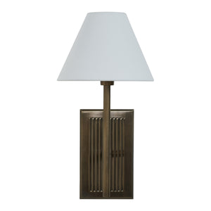 Solaria wall sconce with a white fabric shade and bronze finish, featuring vertical ribbed design.