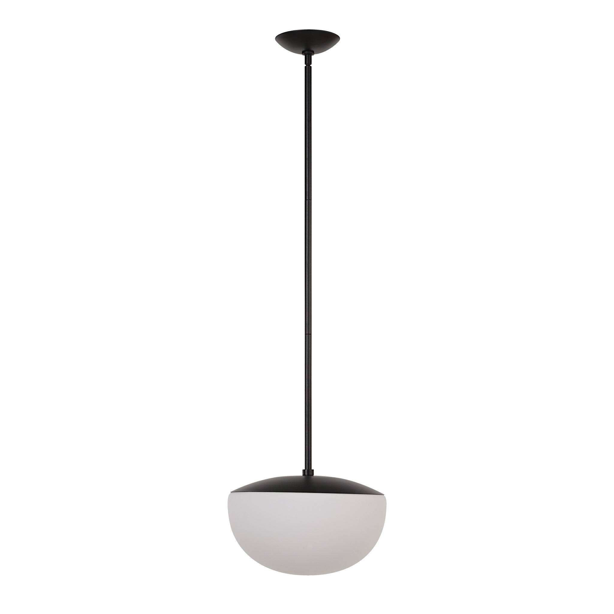 Aditi ceiling light fixture with a black top and white globe shade, hanging from a black rod.