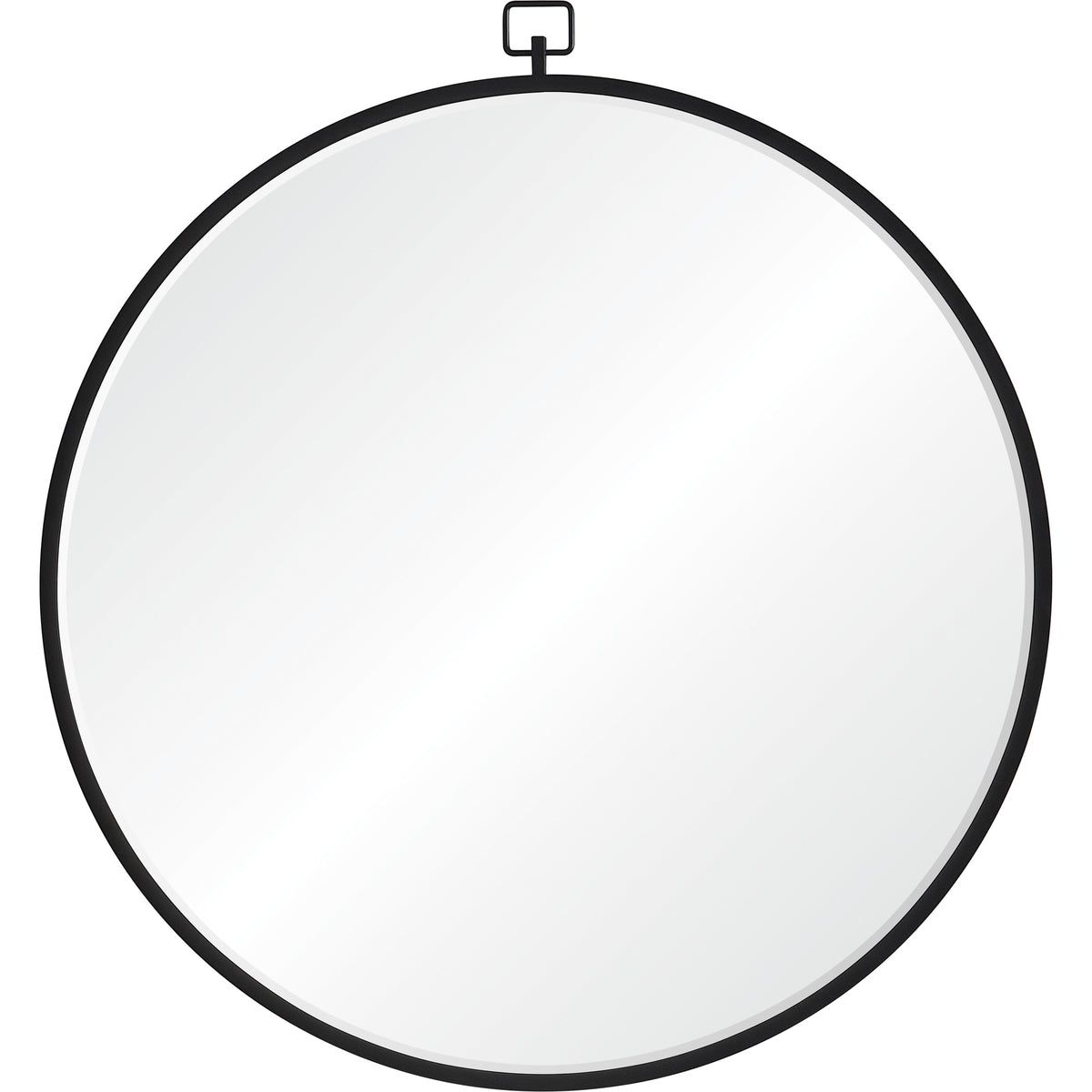 Rayden Wall Mirror with a round shape and black metal frame, featuring a hanging loop.
