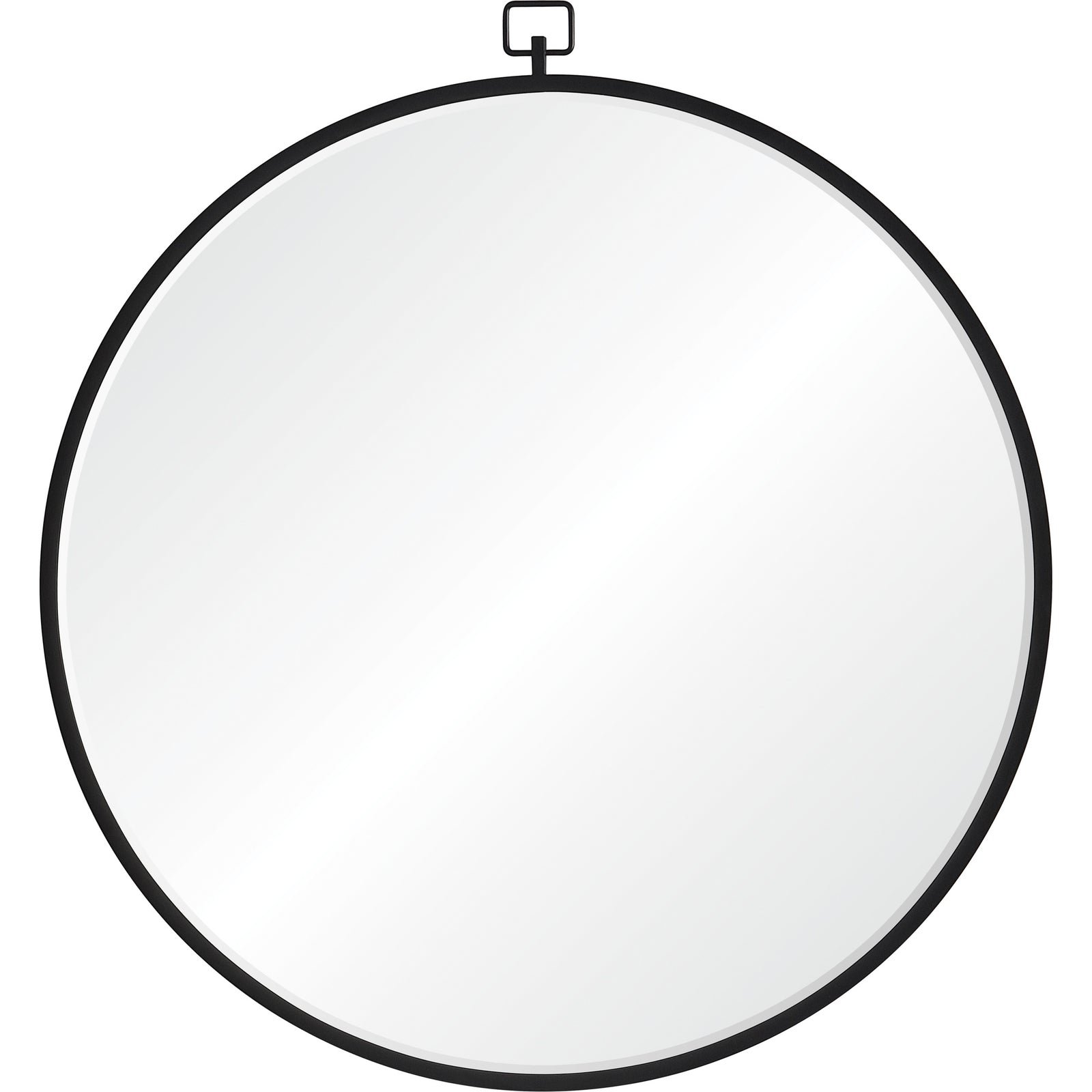 Rayden Wall Mirror with a round shape and black metal frame, featuring a hanging loop.