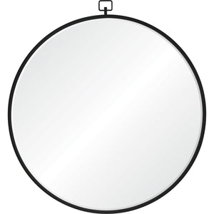 Rayden Wall Mirror with a round shape and black metal frame, featuring a hanging loop.