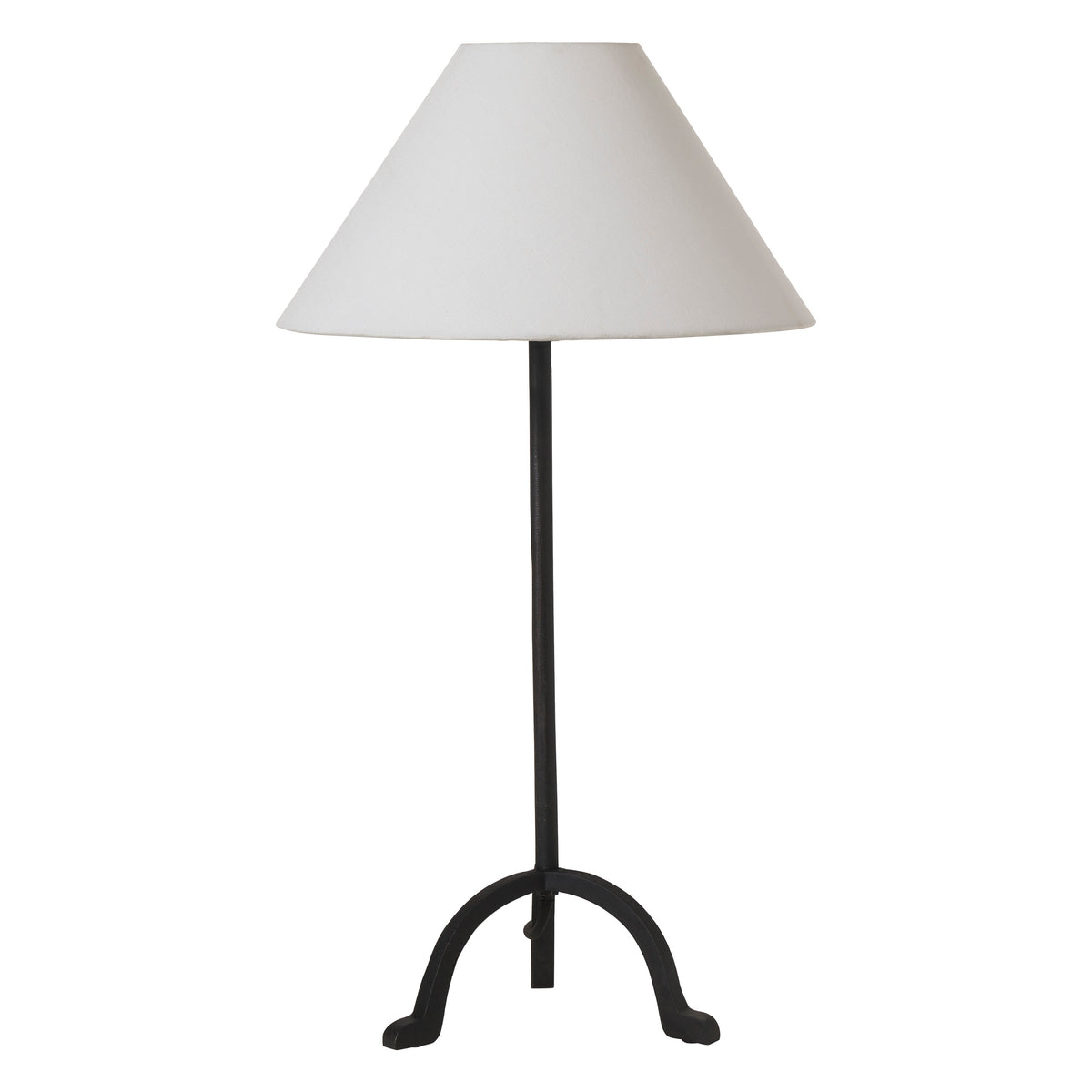 Kitts table lamp with a white conical shade and black metal base, standing on a flat surface.