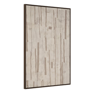 Sediment canvas art displayed at an angle, showcasing a light beige surface with brown vertical lines.