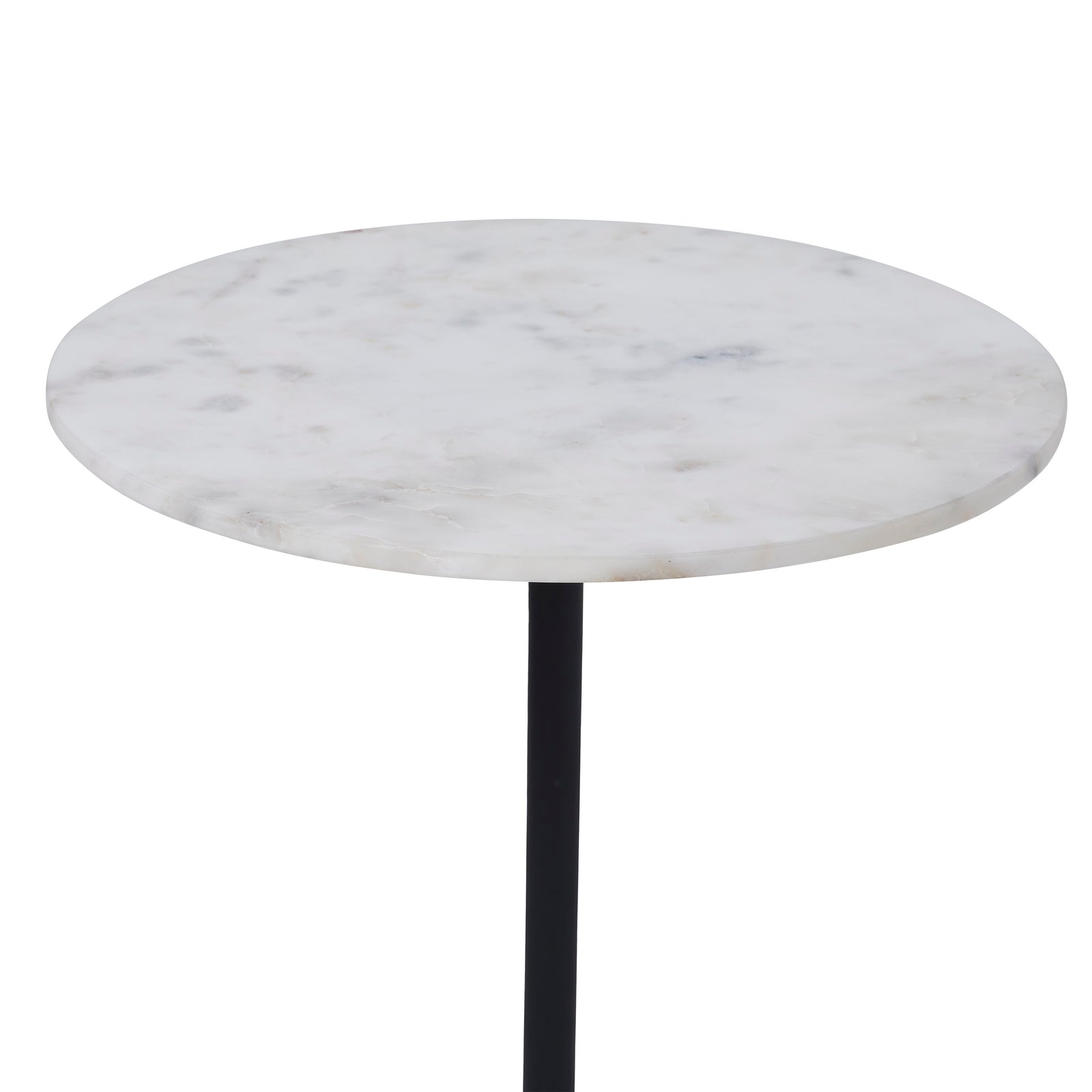 Barker Side Table with round white marble top and black metal base, showcasing a modern design.