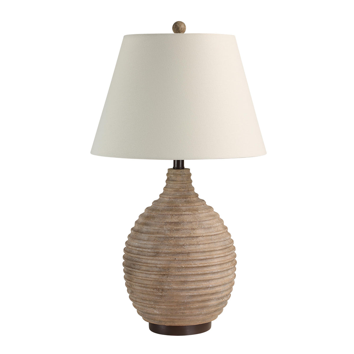 Cebada table lamp by Renwil with a textured beige ceramic base and white fabric shade.