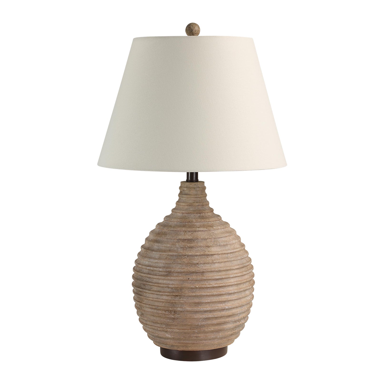 Cebada table lamp by Renwil with a textured beige ceramic base and white fabric shade.