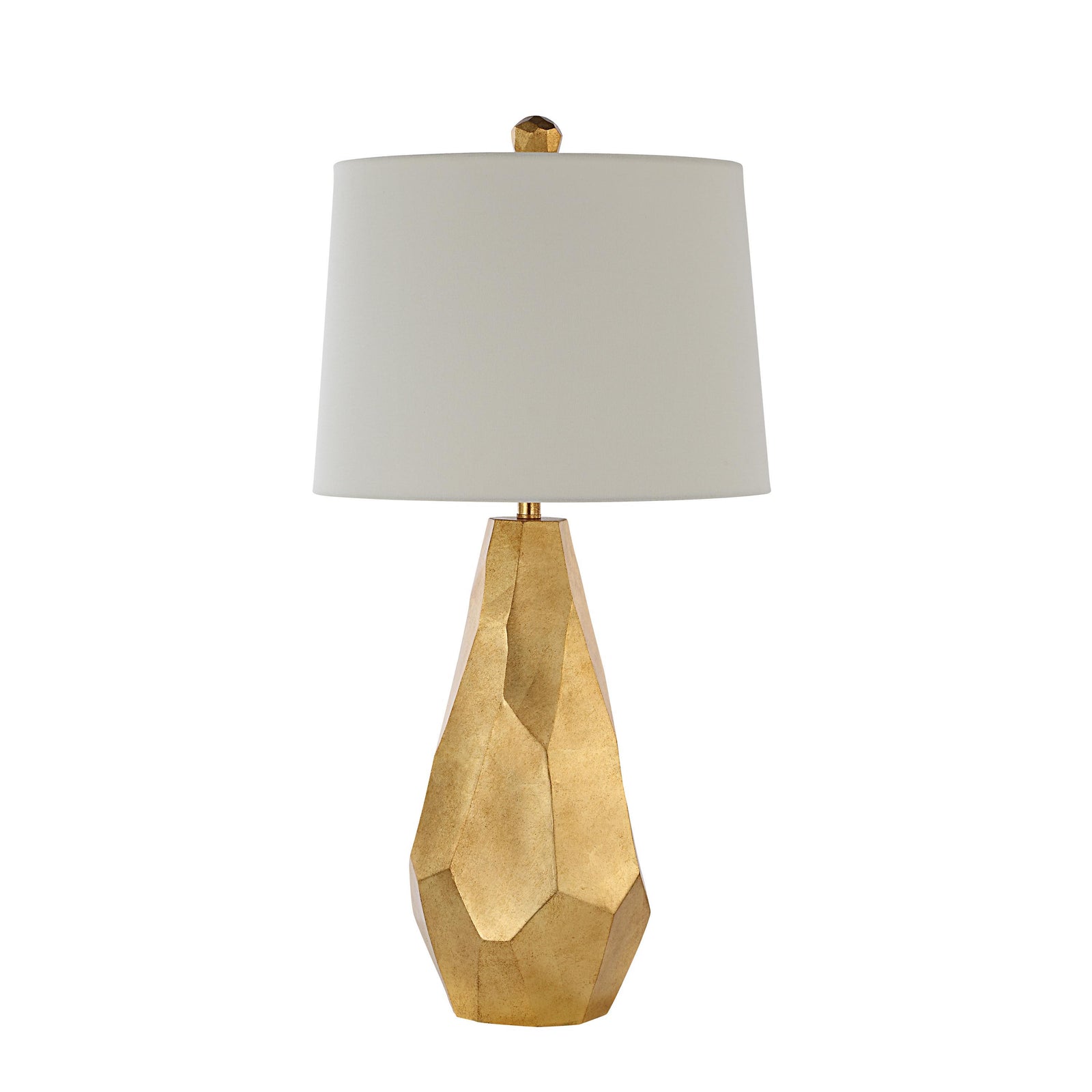 Sanae Table Lamp by Renwil with a gold geometric base and white shade, side view.