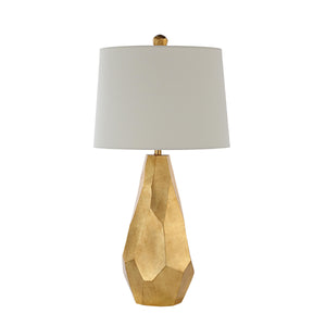 Sanae Table Lamp by Renwil featuring a gold faceted base and white shade, front view.