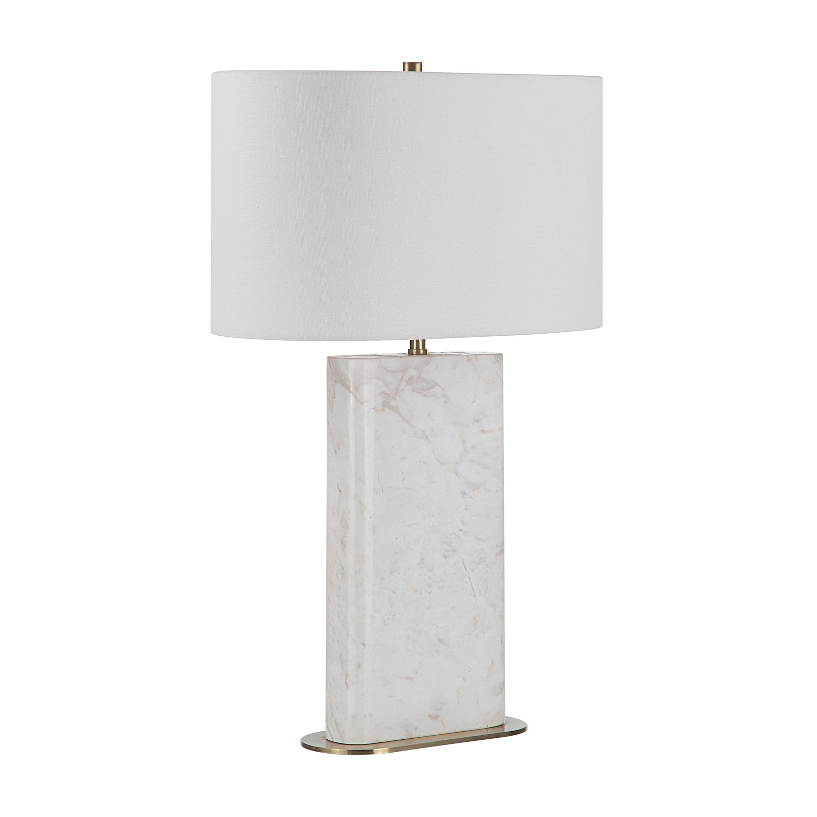 Irisa Table Lamp with a white fabric shade and a marble base in a rectangular shape.
