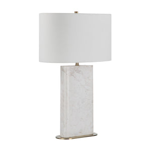 Irisa Table Lamp featuring a white shade and a sleek marble base, viewed from a slight angle.