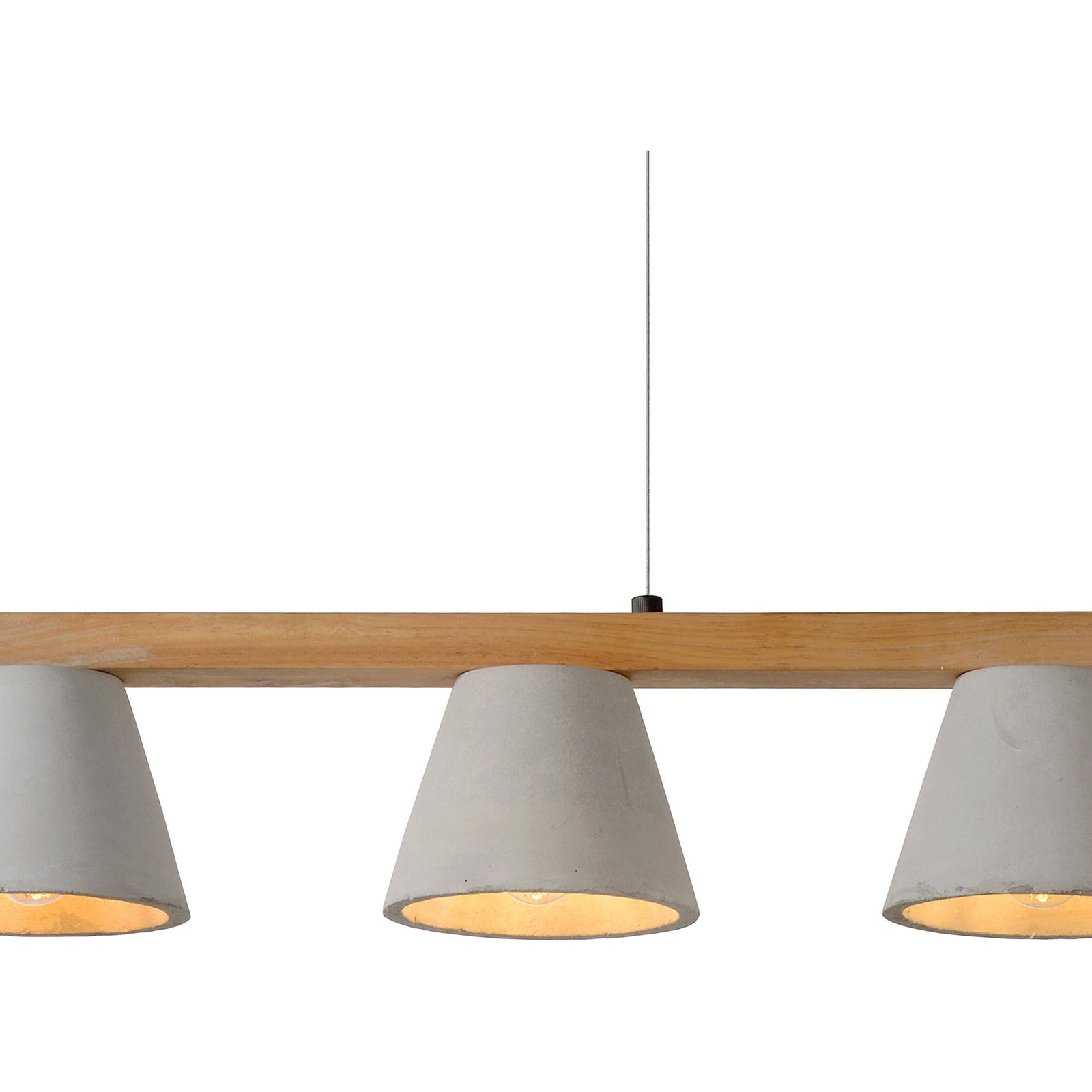Zain Ceiling Fixture with four gray concrete shades and a wooden beam, hanging from a black mount.