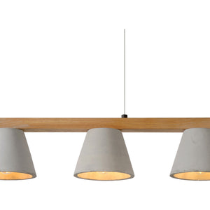 Zain Ceiling Fixture close-up showing three gray concrete shades with warm light, mounted on a wooden beam.