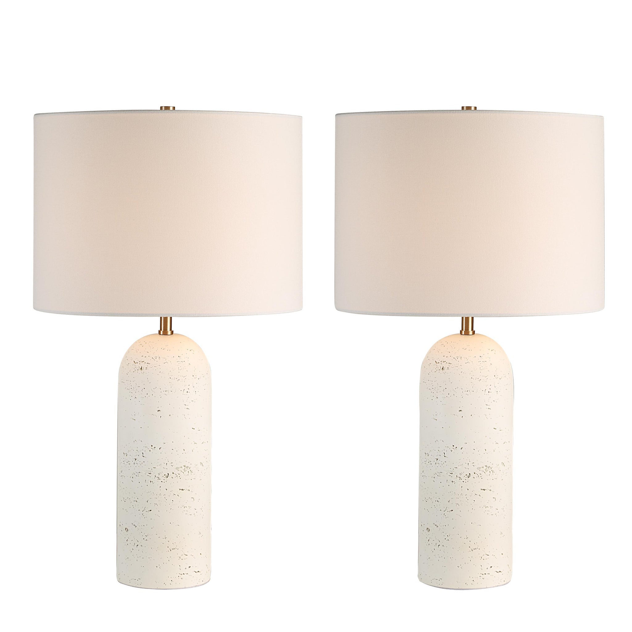 Dorato Table Lamp set with cream-colored textured bases and light beige fabric shades