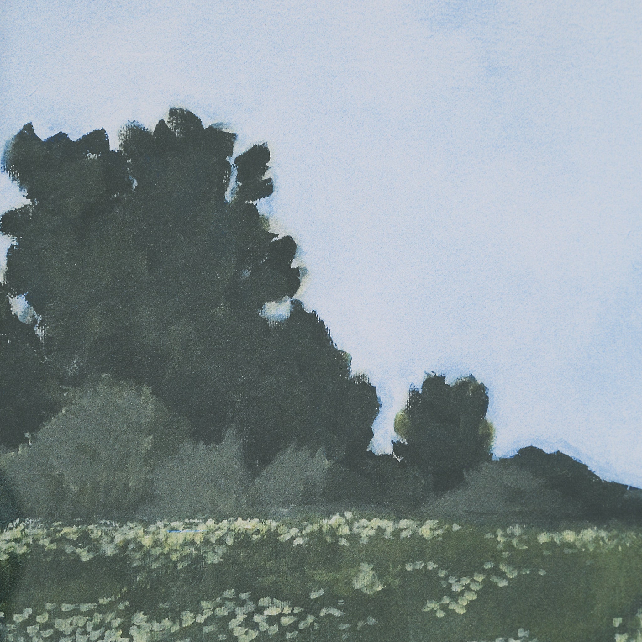 Close-up of Olmo Canvas Art depicting trees and flowers in a field.