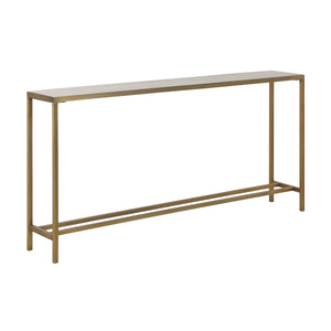 Bodin Console Table featuring a gold metal frame and light wood top, angled view
