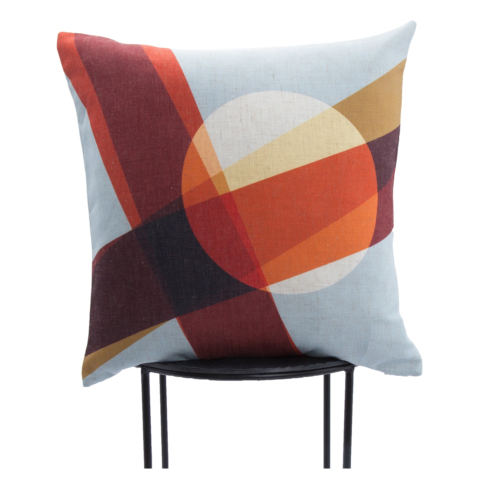 Lamego indoor pillow with abstract geometric pattern in red, orange, and blue colors