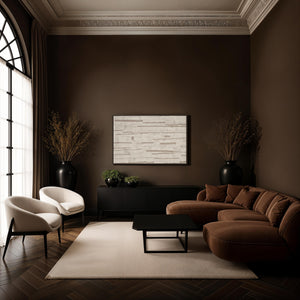 Sediment canvas art in a modern living room setting with brown walls and stylish furniture.