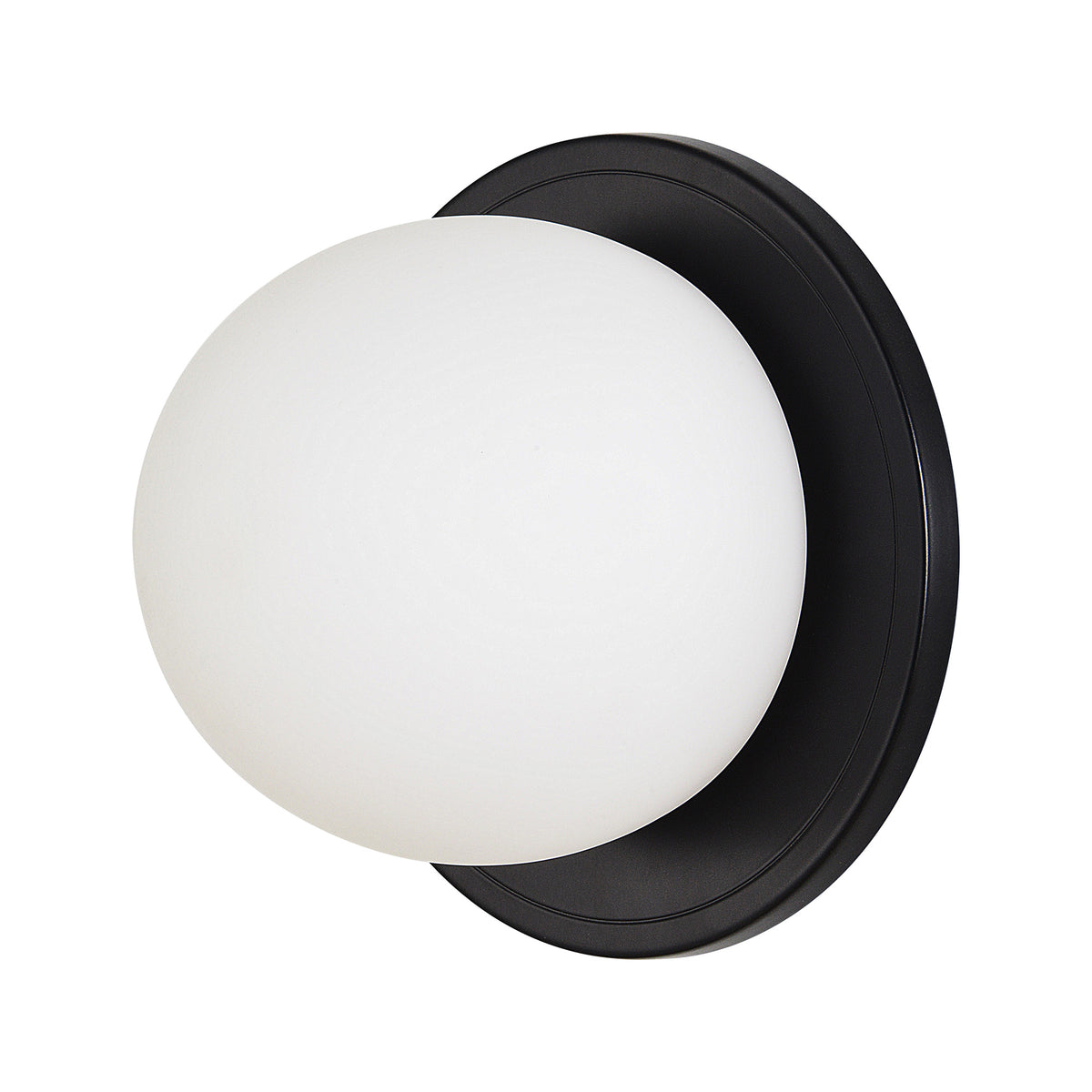 Sybil Wall Sconce with a round white glass shade and black circular base
