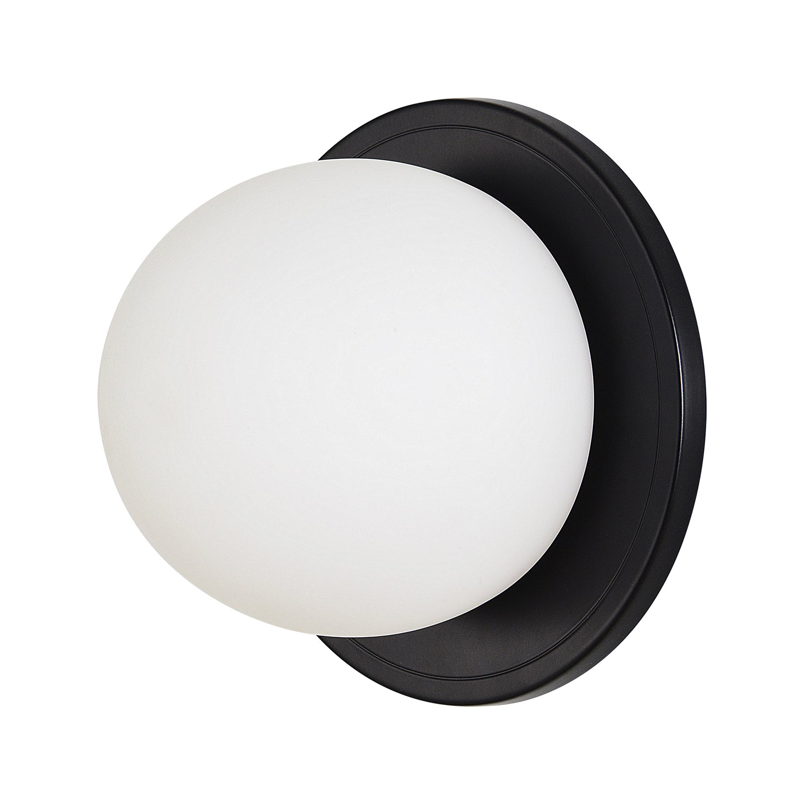 Sybil Wall Sconce with a round white glass shade and black circular base