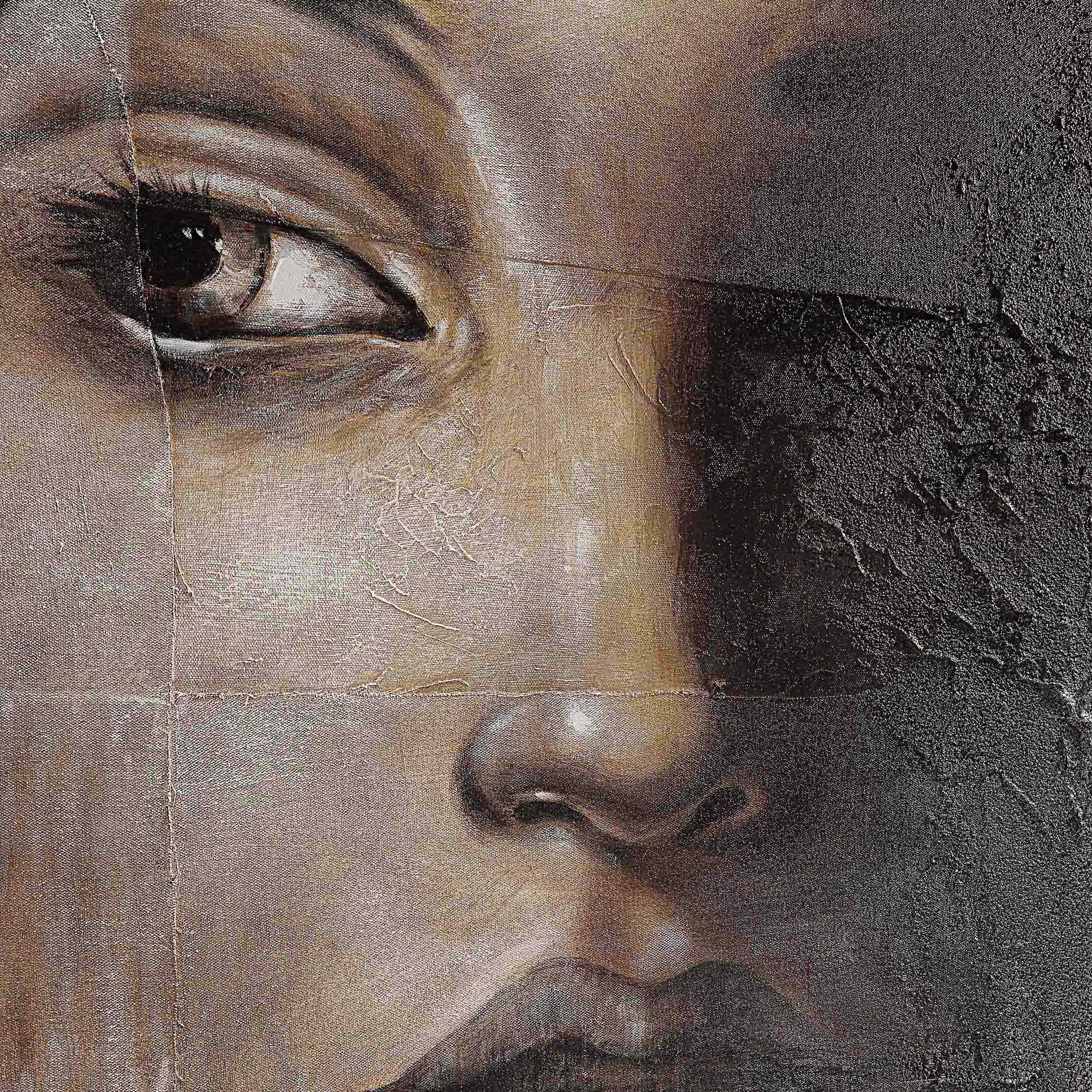 Cassandra Canvas Art featuring a close-up of a woman's face with detailed textures and muted colors.