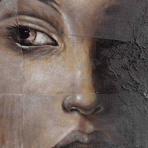 Cassandra Canvas Art featuring a close-up of a woman's face with detailed textures and muted colors.