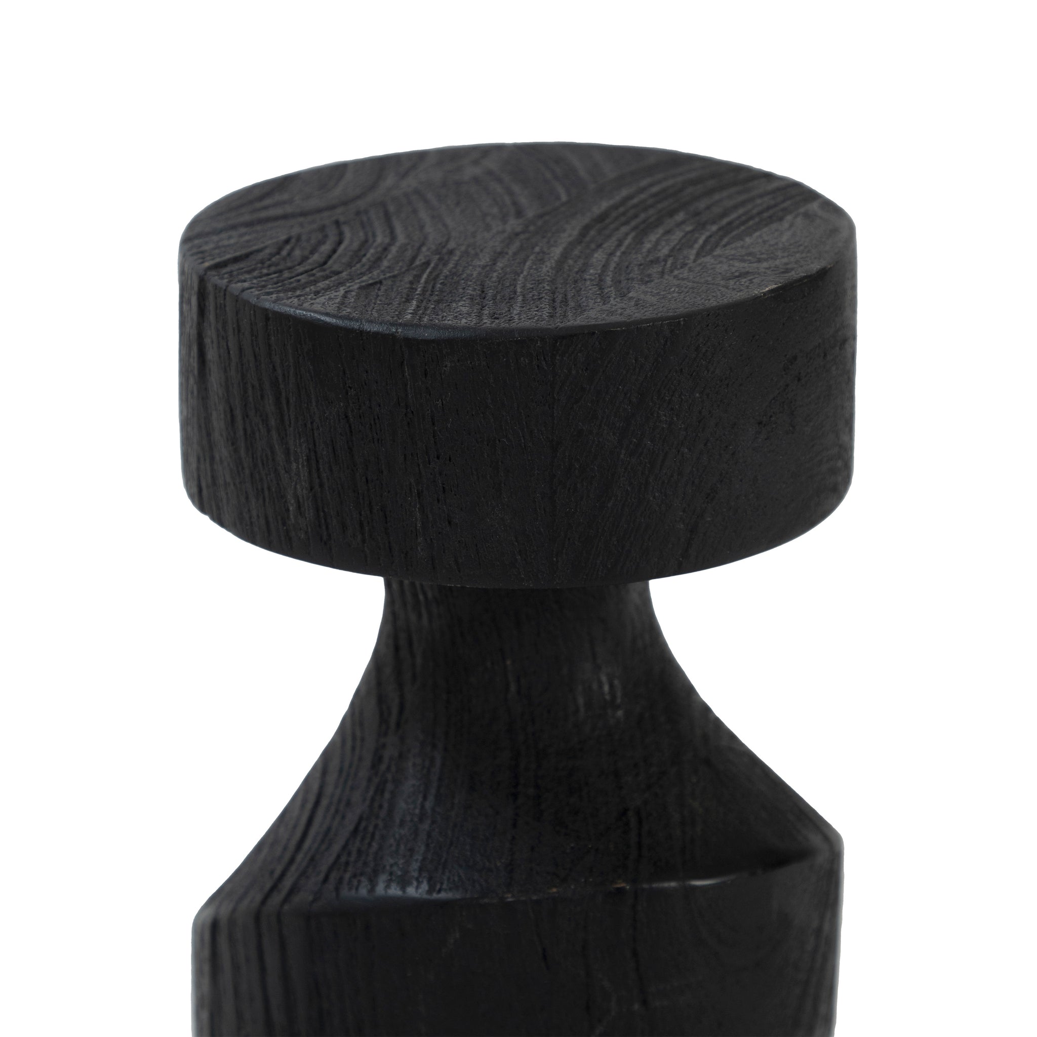 Severn black wood accent table with a round top and hourglass shape, showcasing a textured surface.