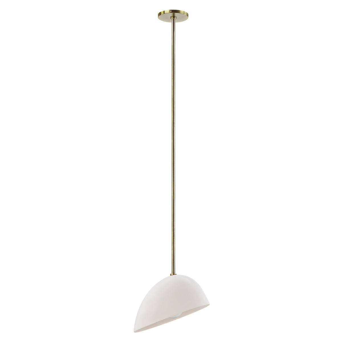 Corio Ceiling Fixture with a white dome shade and brass rod, hanging from a ceiling.