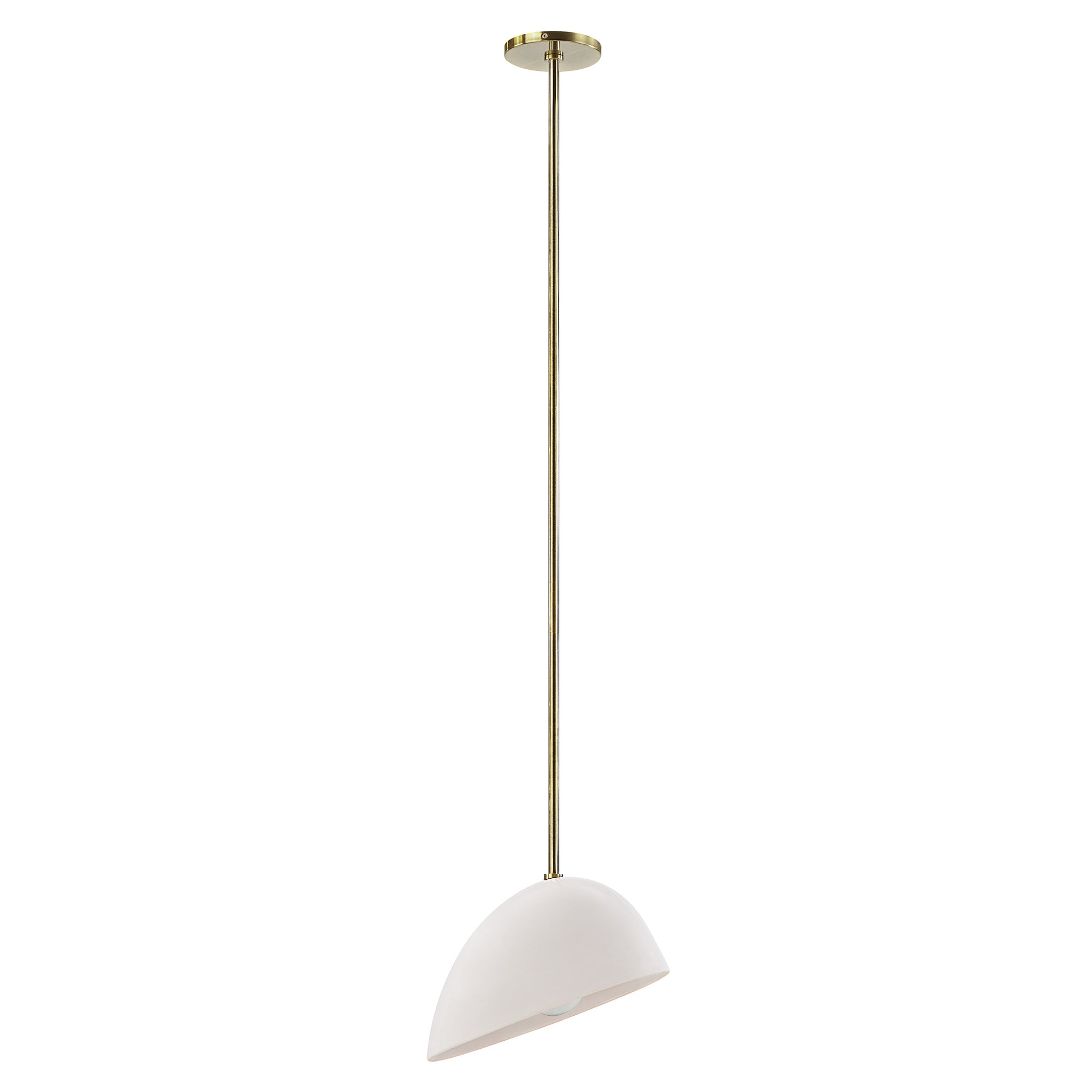 Corio Ceiling Fixture with a white dome shade and brass rod, hanging from a ceiling.