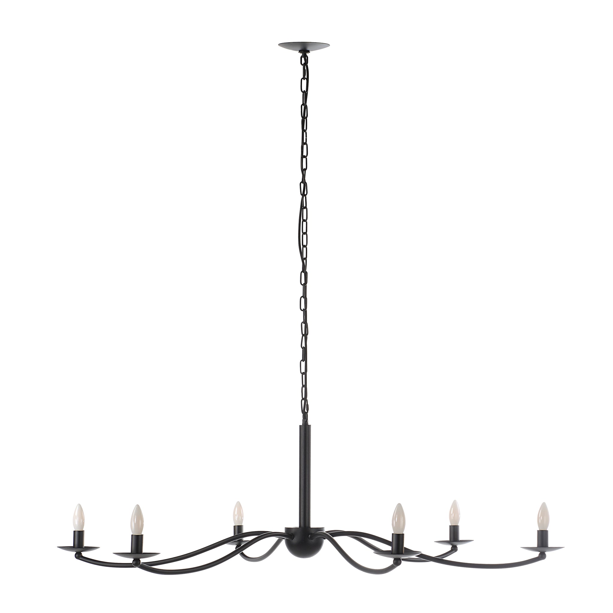 Landen chandelier by Renwil, black metal design with six candle-style lights, suspended by a chain.