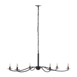 Landen chandelier by Renwil, black metal design with six candle-style lights, suspended by a chain.